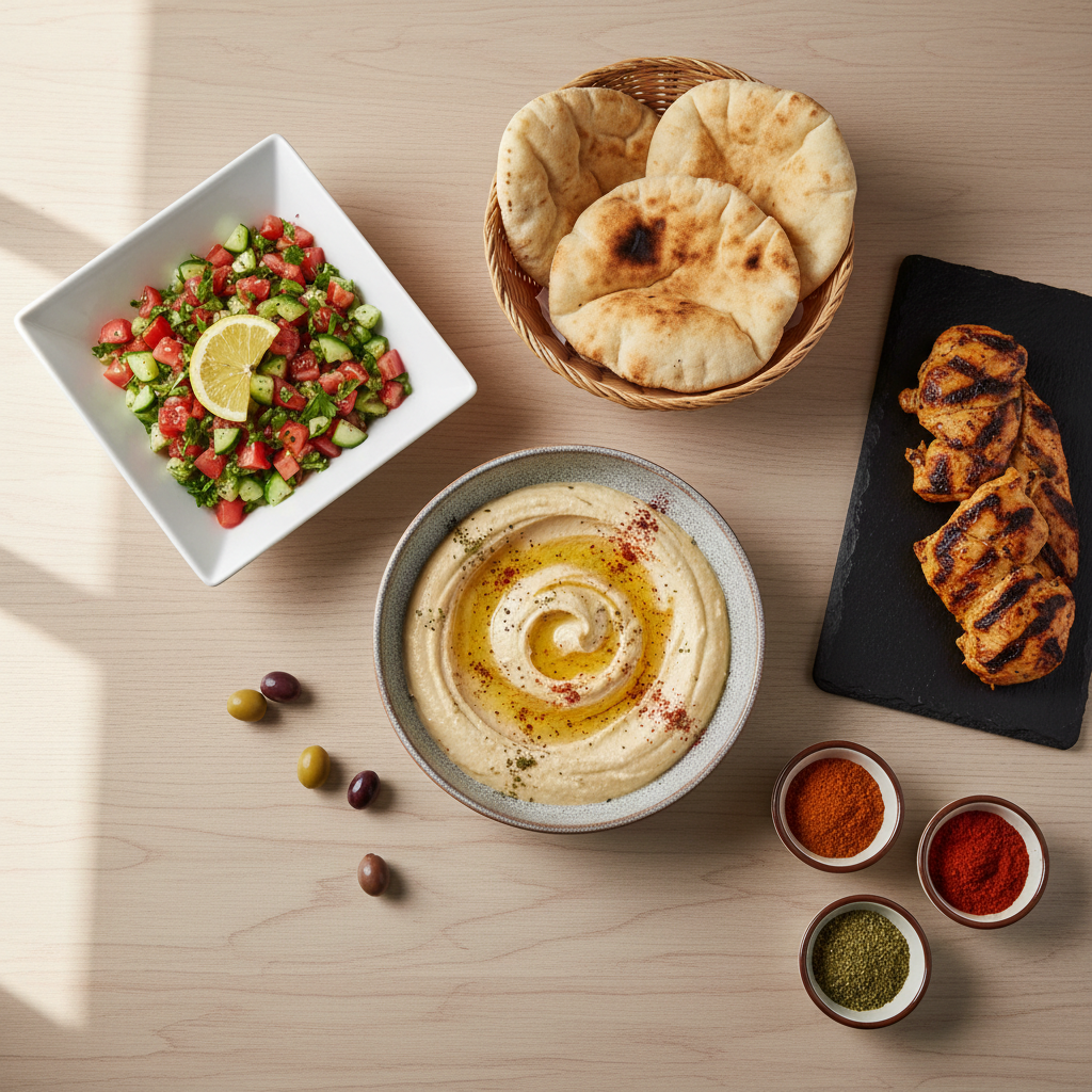 Simple Middle Eastern dinner spread with hummus, salad, pita, and grilled chicken