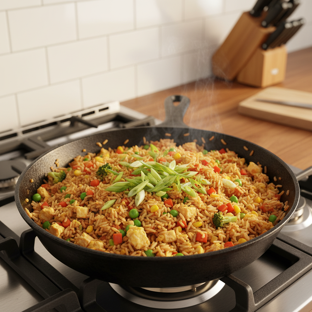 Leftover fried rice in a skillet with mixed vegetables and egg