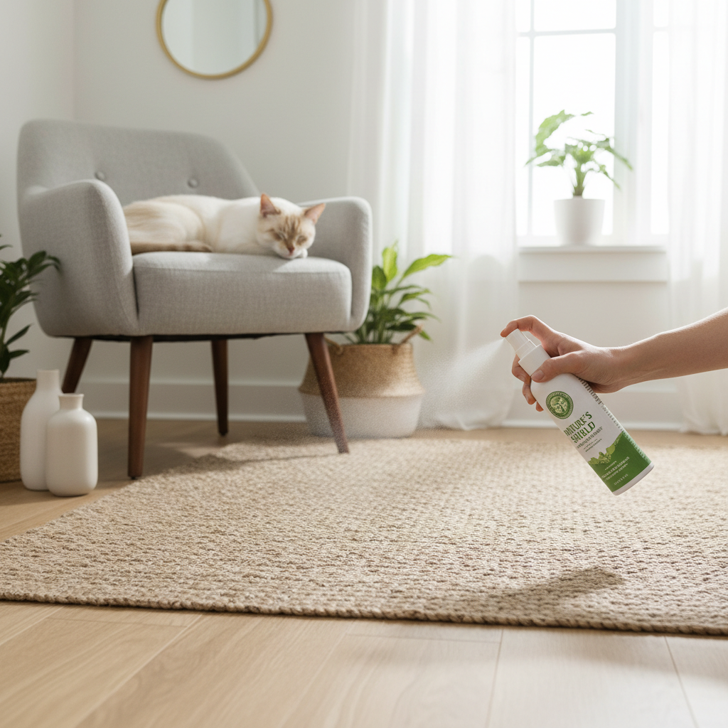 Natural pet-safe home flea spray being applied to a rug near a resting cat