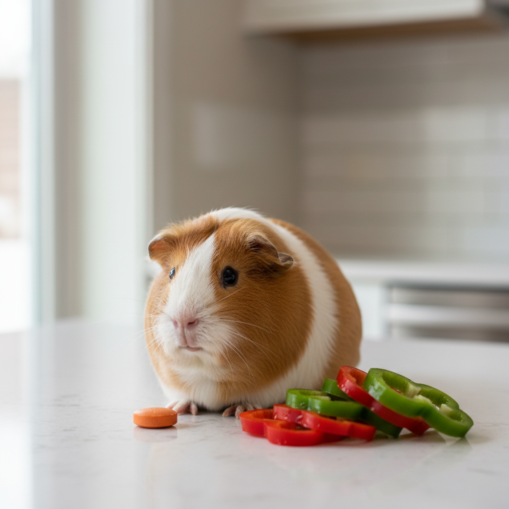 Guinea pig with vitamin C chew tablet and fresh bell peppers on a kitchen counter