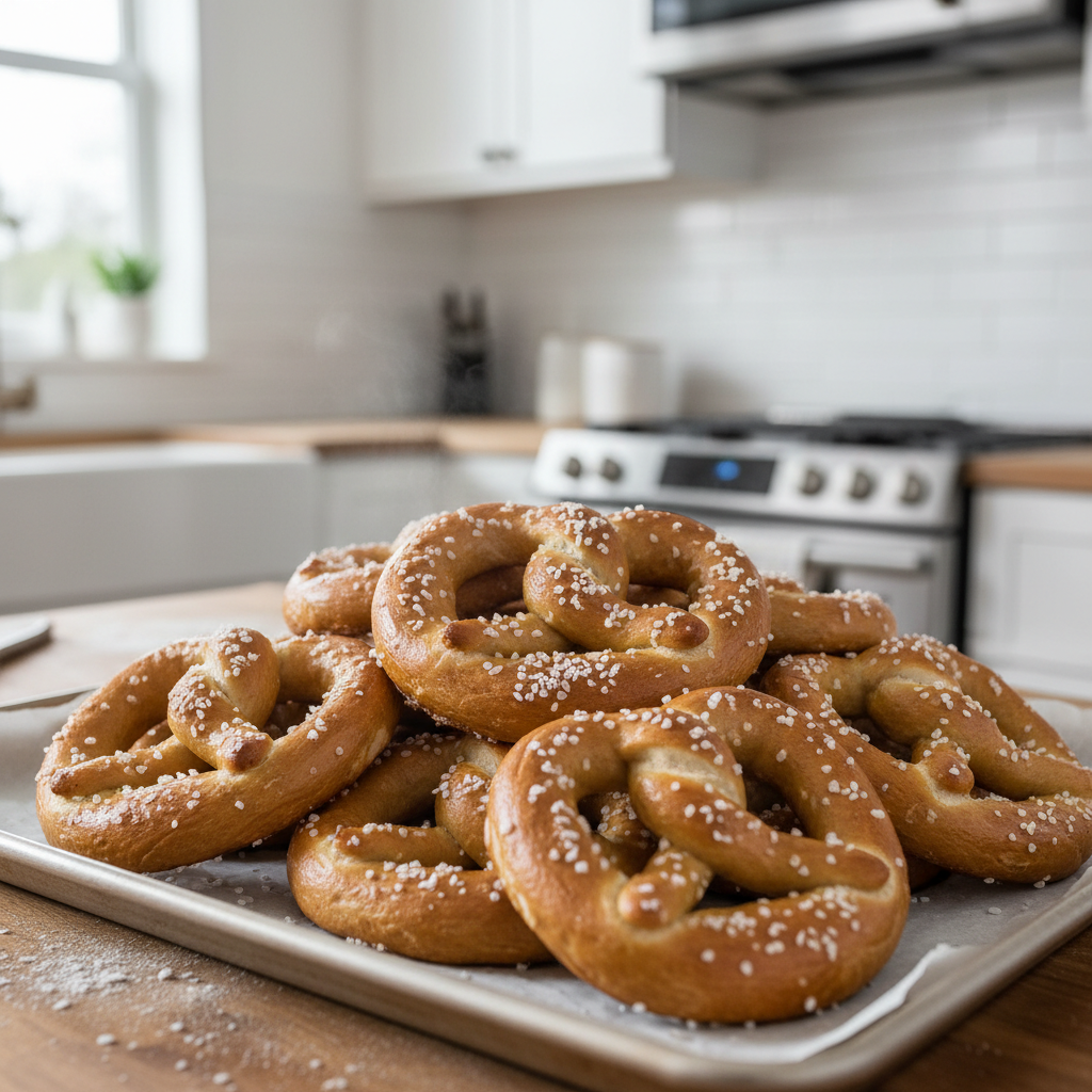 Homemade salty pretzels on a baking tray with coarse salt