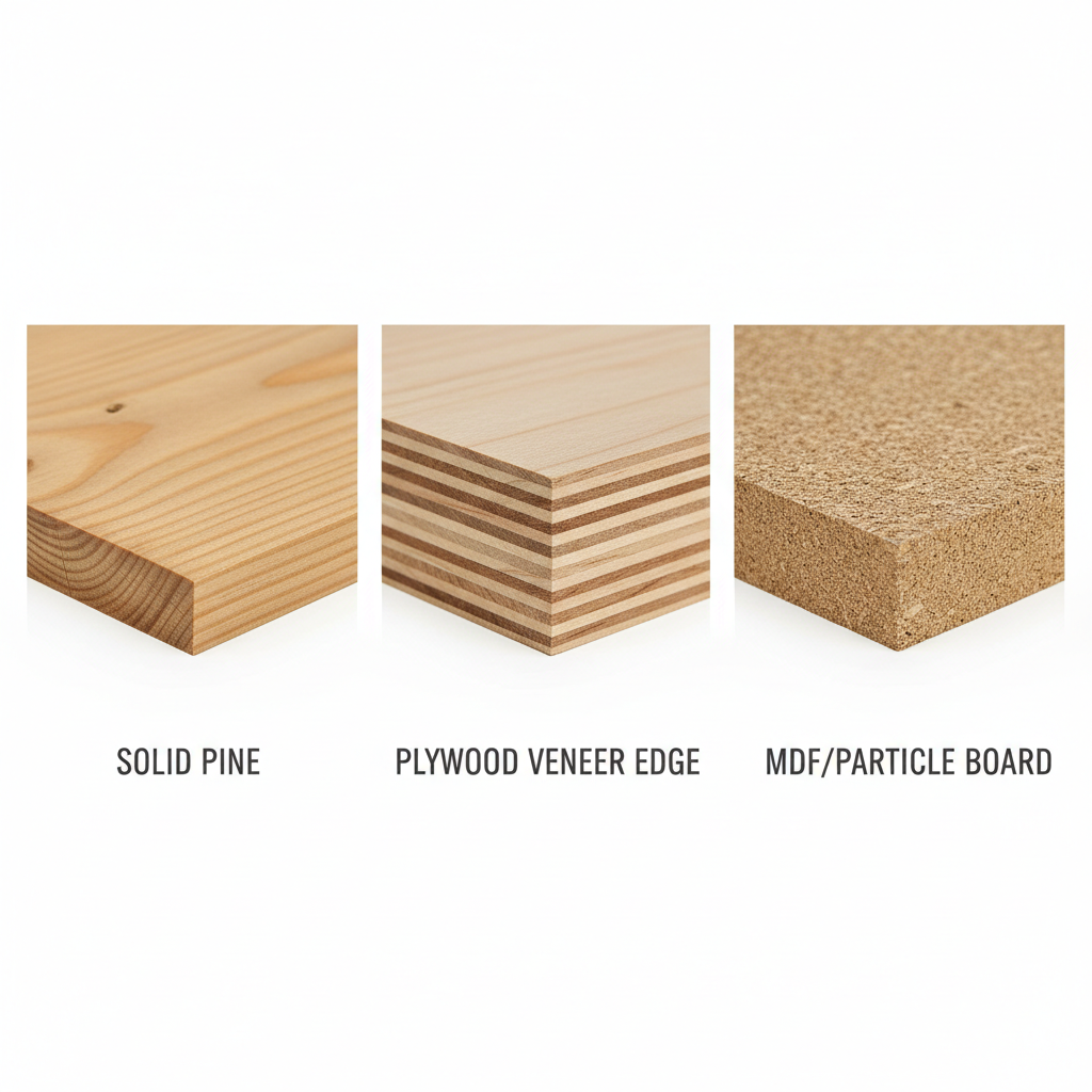 Close-up comparison of solid wood, plywood edge, and MDF board for small pet hideouts