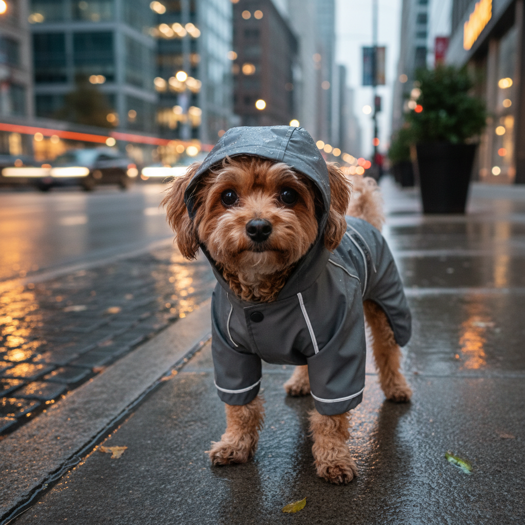 Small dog wearing a waterproof reflective raincoat on a wet sidewalk