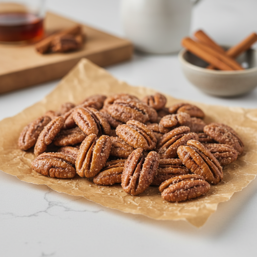 Cinnamon maple pecans cooling for a crunchy sweet snack