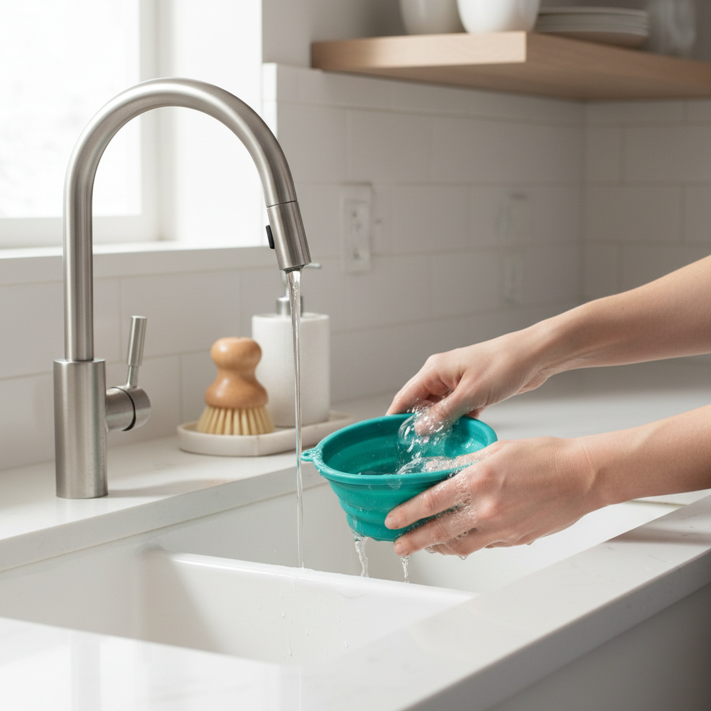 Cleaning a collapsible pet travel bowl in a kitchen sink with mild soap