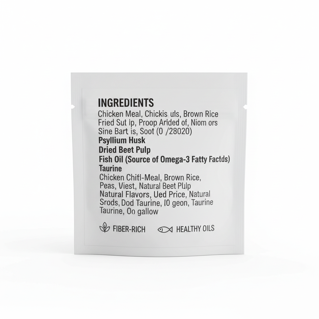 Close-up of ingredient list for natural cat hairball remedy treats