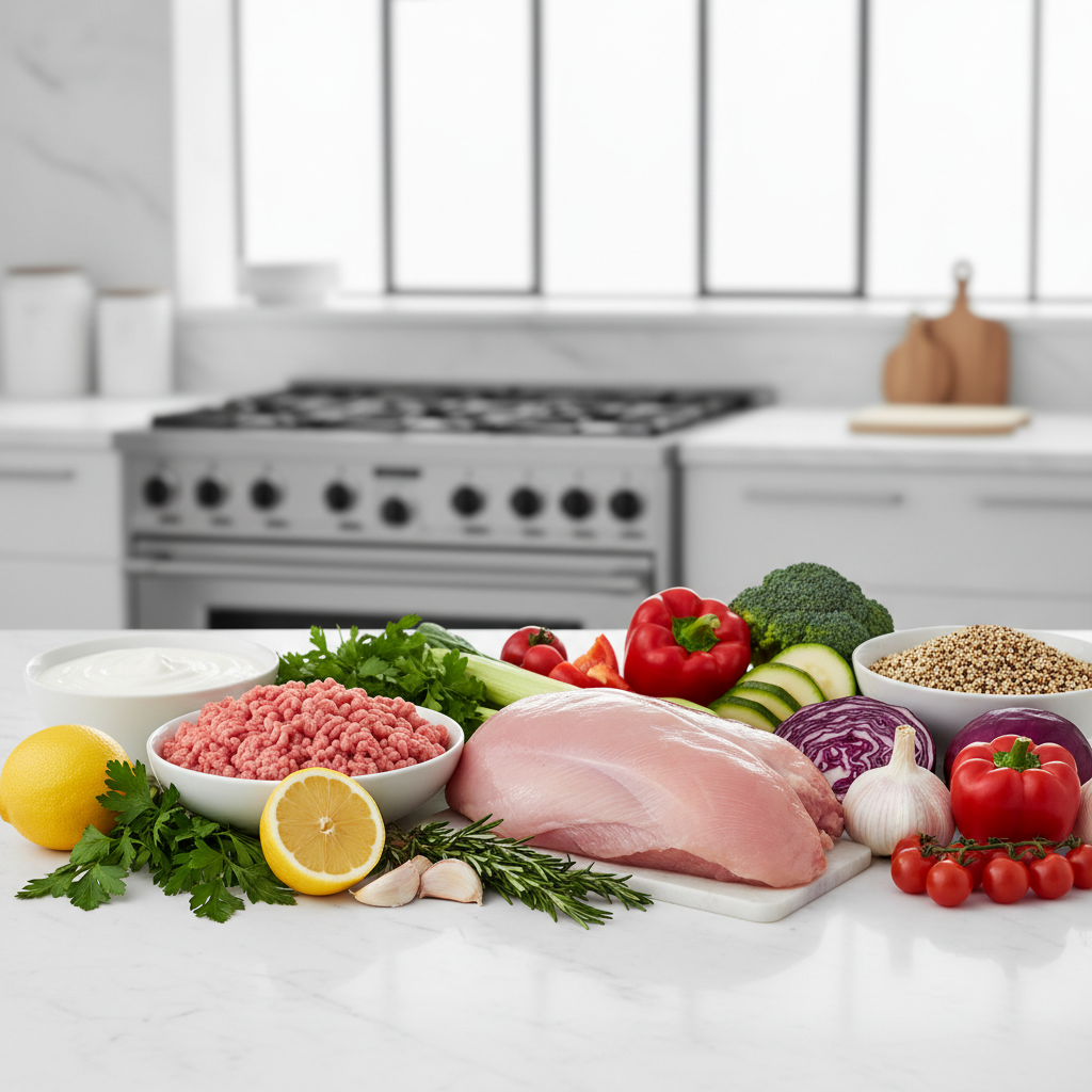Lean turkey meal prep ingredients on a kitchen counter