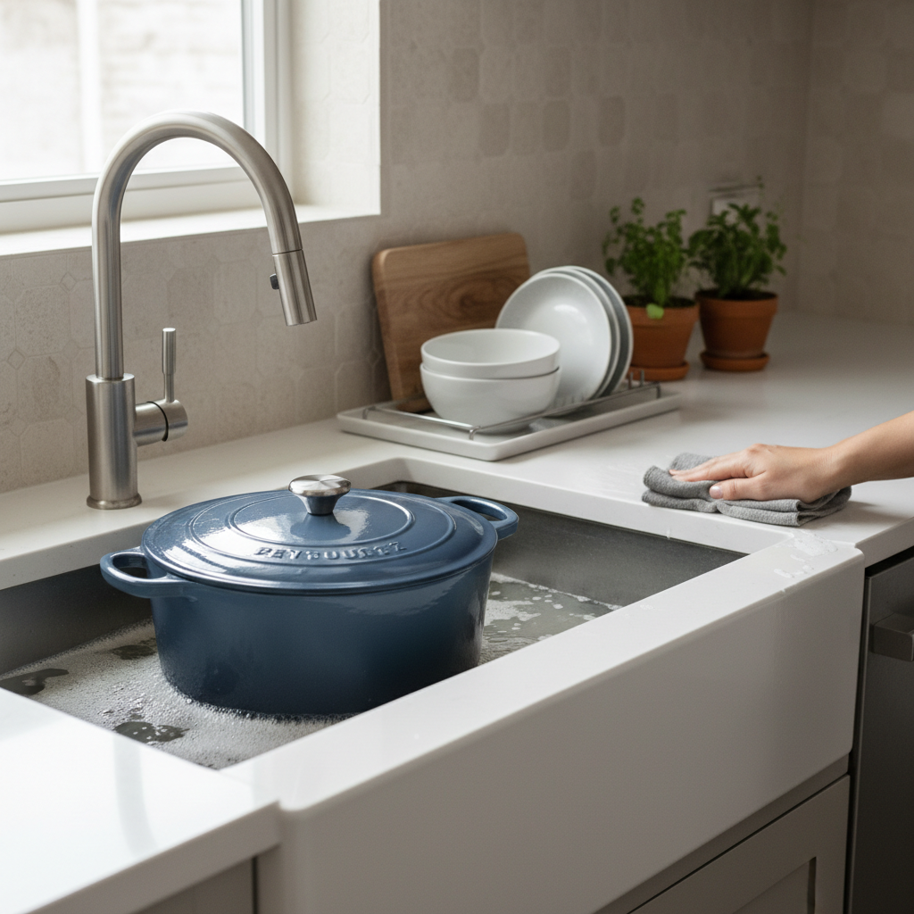 Quick cleanup routine for one pot cooking: soaking a pot and wiping a clean counter