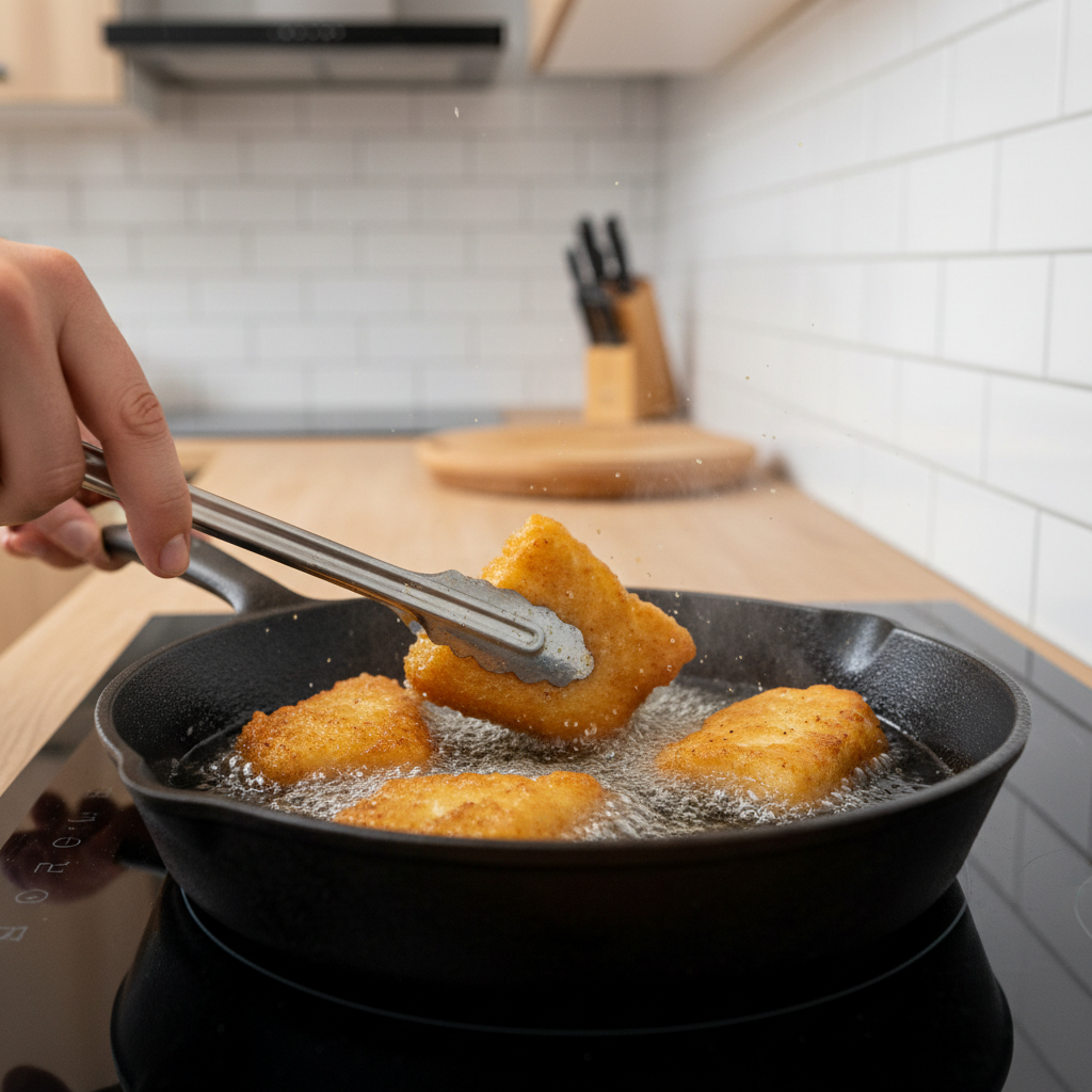 Skillet frying crispy fish pieces for Baja fish tacos at home
