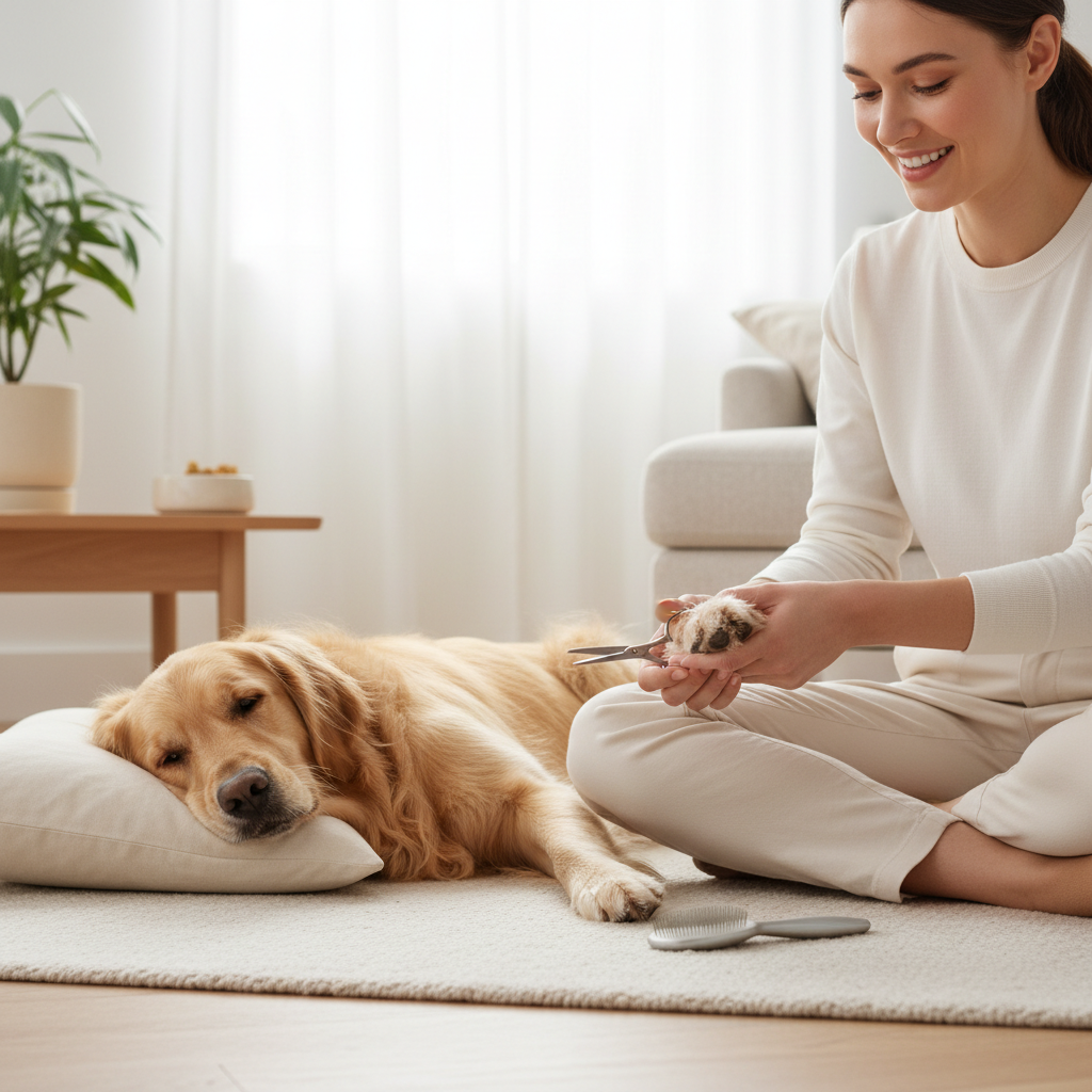Pet parent doing a paw pad check and trimming fur between toes