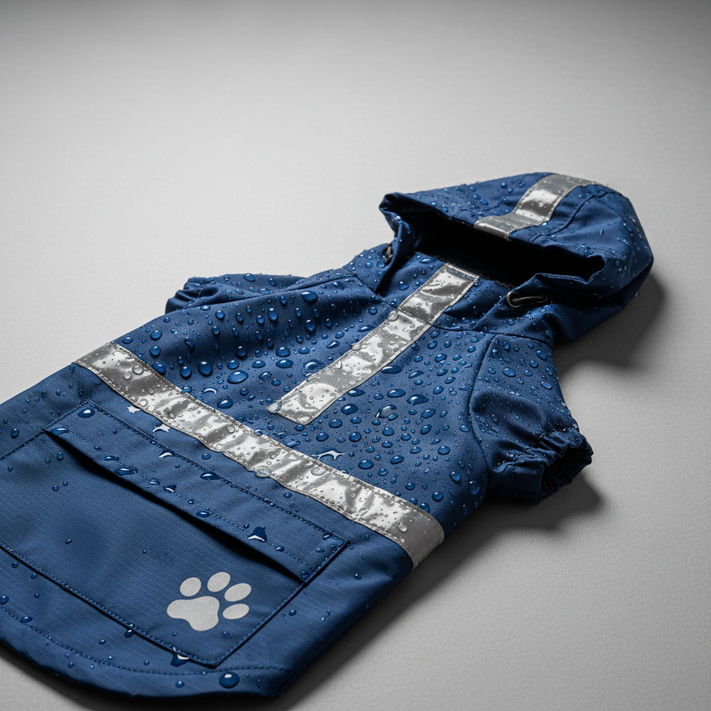 Close-up of reflective tape and waterproof fabric on a dog rain jacket