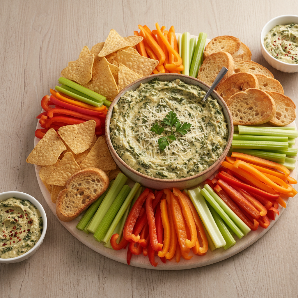 Party spread with hot spinach artichoke dip and dippers