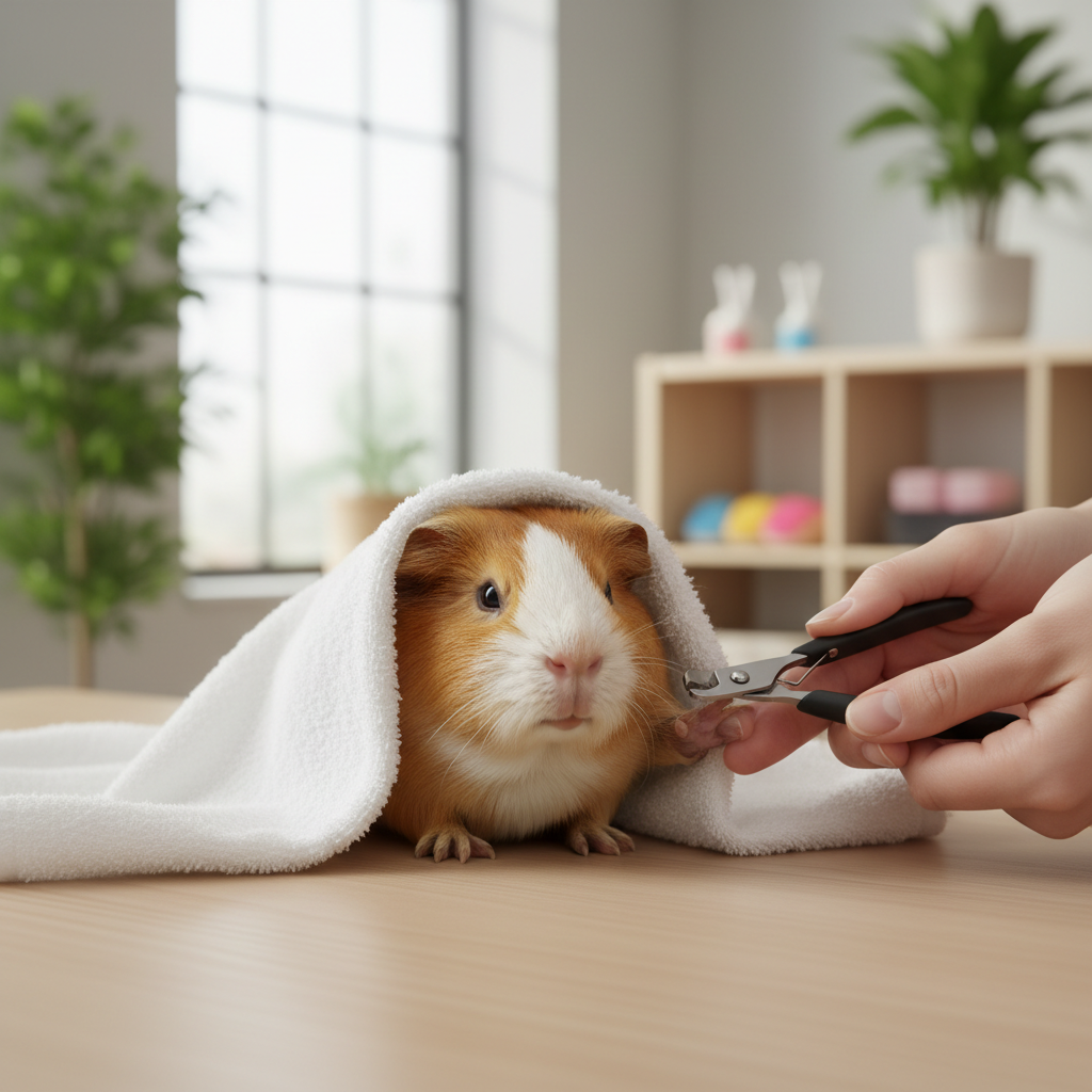 Guinea pig wrapped in towel for secure low-stress nail trimming