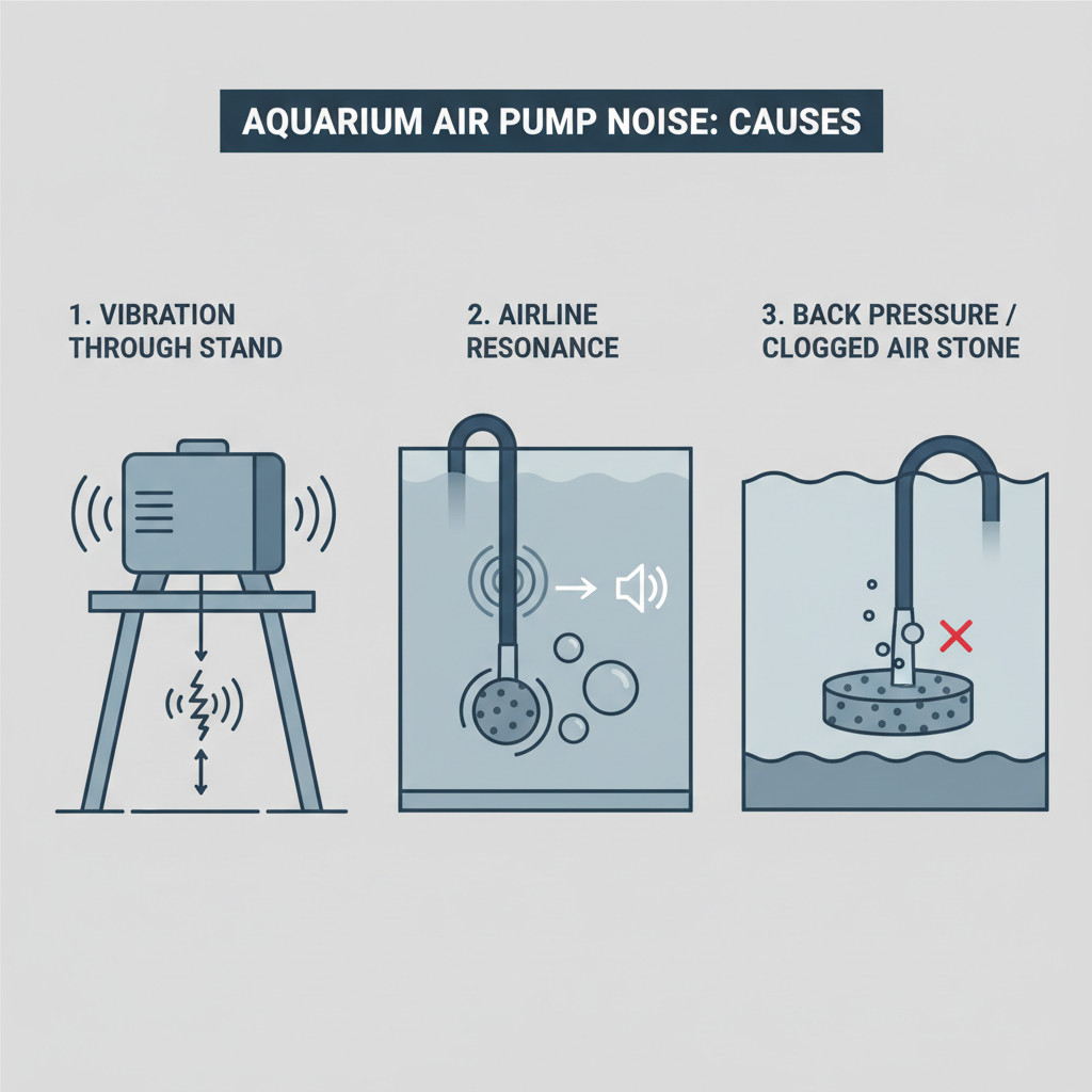 Diagram-style comparison of air pump noise sources: vibration, airline resonance, back pressure