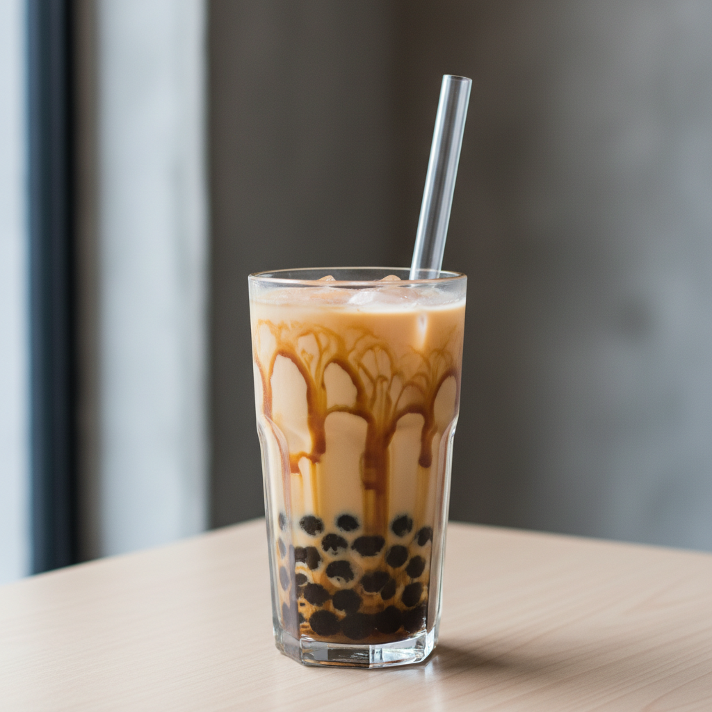 Homemade bubble tea with tapioca pearls and brown sugar syrup