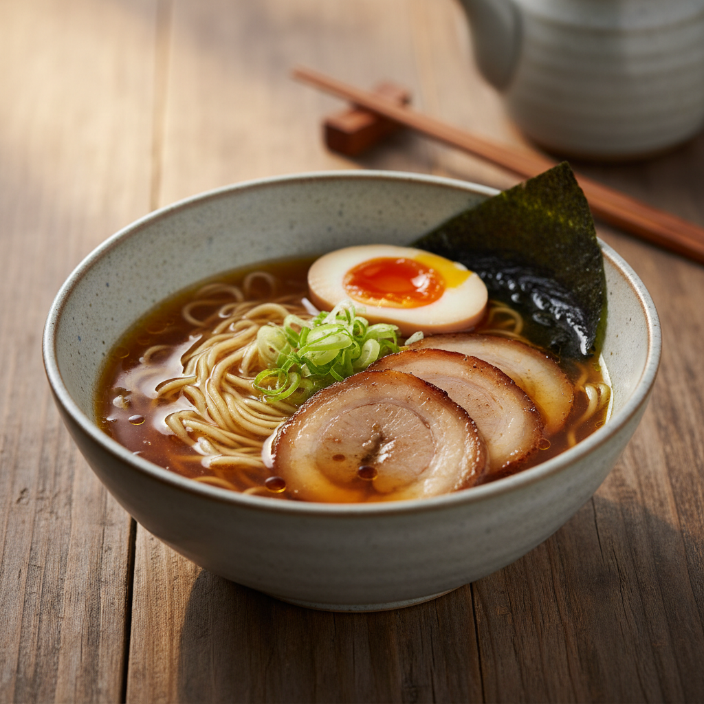 Finished bowl of shoyu ramen soup with chashu and soft egg