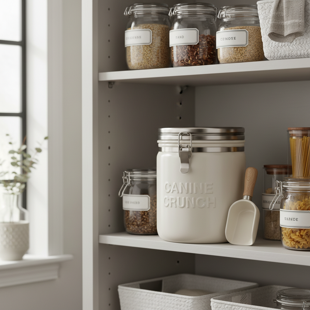 Airtight dog food container stored in a clean kitchen pantry