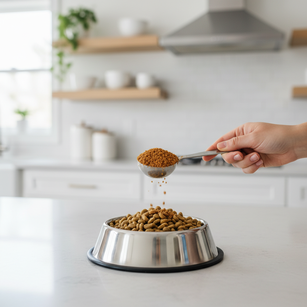 Measuring small topper portion into puppy bowl with measuring spoon