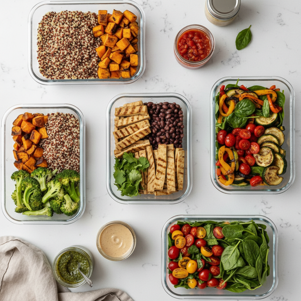 Meal prep containers with vegetarian dishes: quinoa, roasted vegetables, beans, and sauces