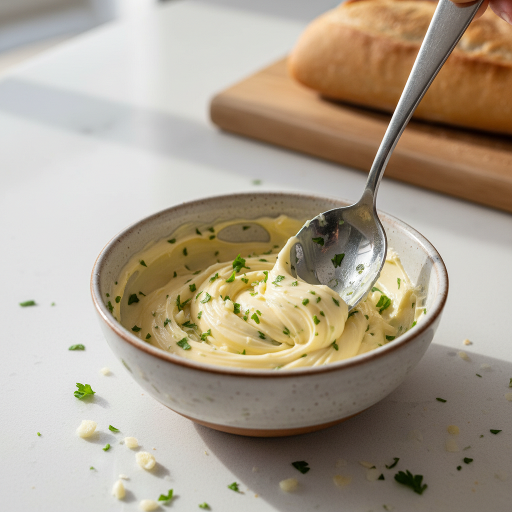 Mixing garlic butter spread in a small bowl for garlic bread