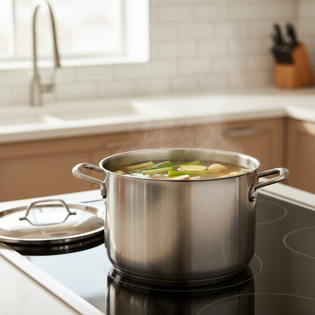Simmering chicken broth for shoyu ramen soup in a stockpot