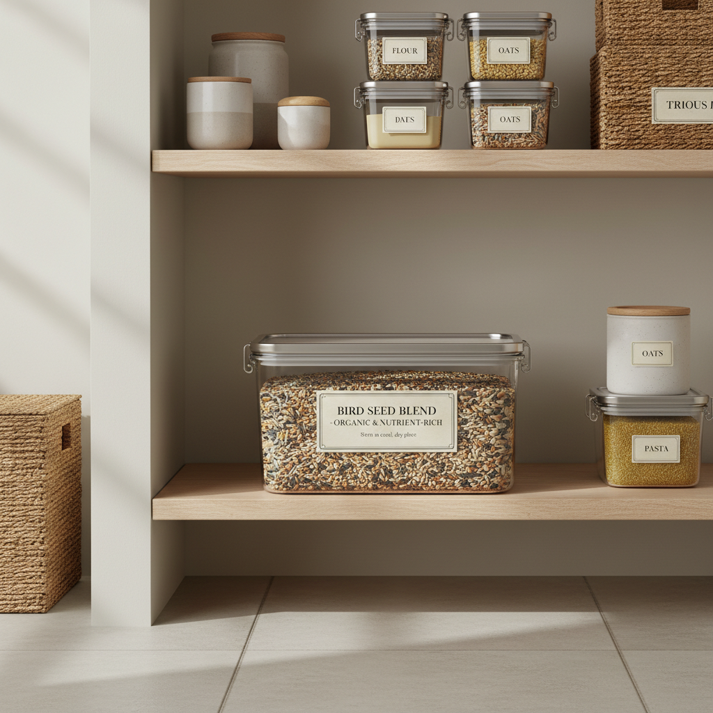 Airtight storage bin for bird seed in a cool indoor pantry