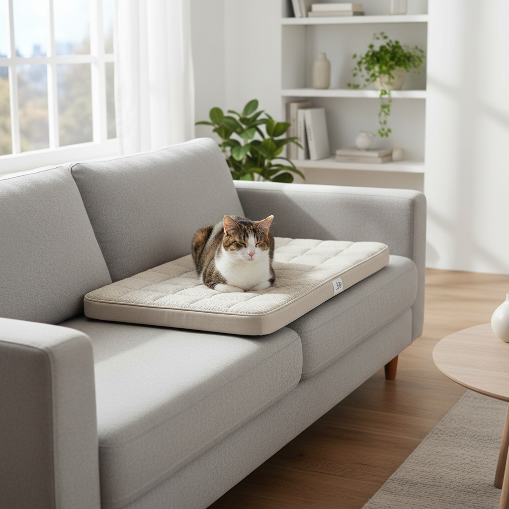 Washable anti-scratch cat bed mat in a clean living room