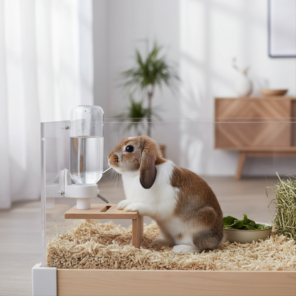 Rabbit drinking from a properly positioned no-drip water bottle