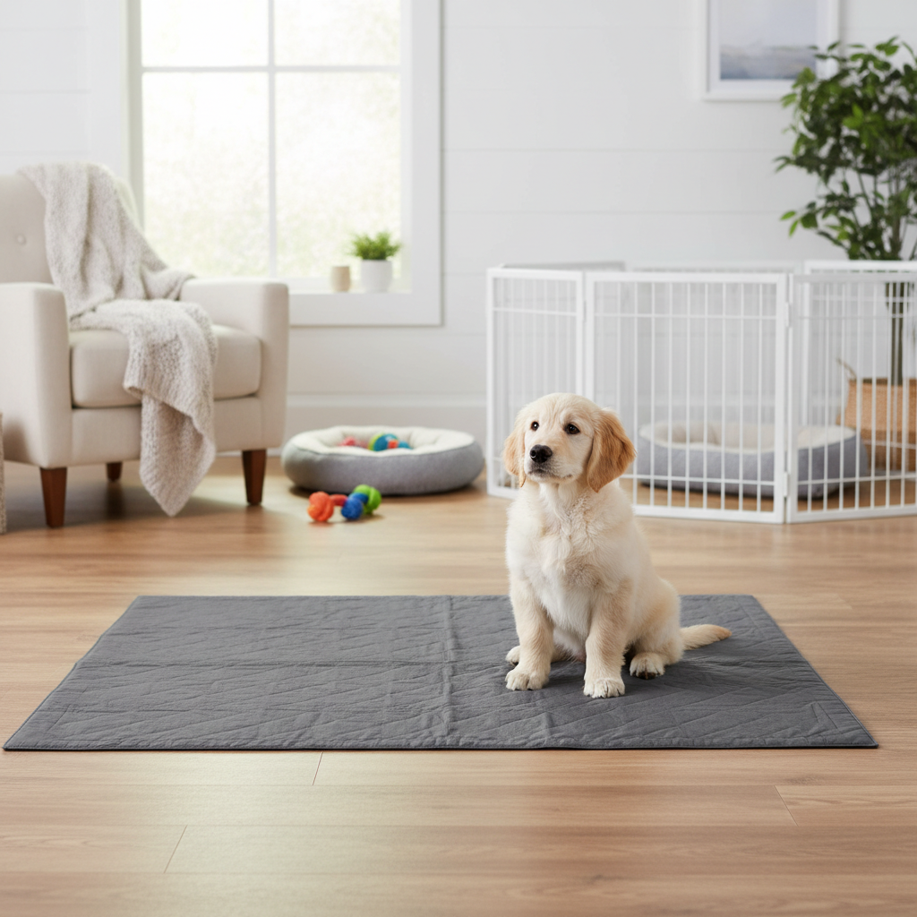 Extra large puppy potty training pads placed in a living room puppy area