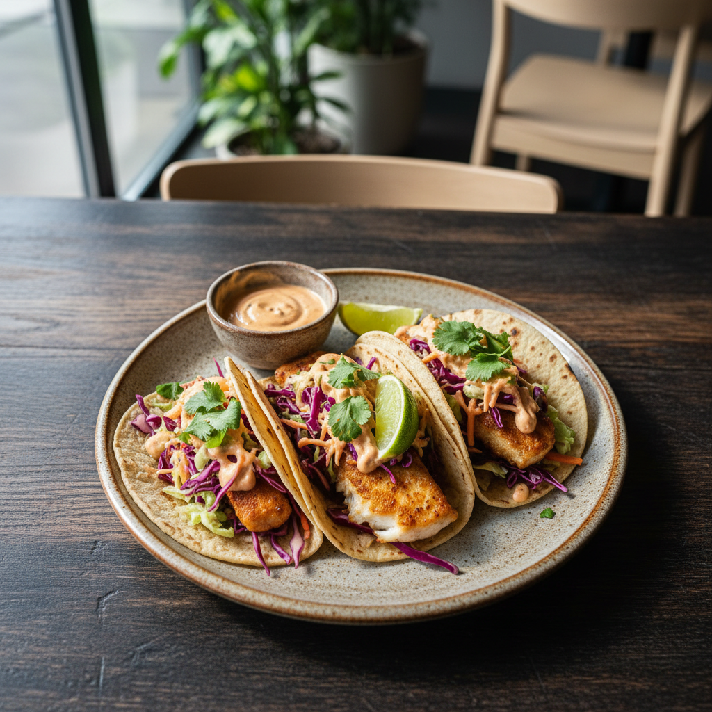 Quick fish tacos with cabbage slaw and lime on a plate