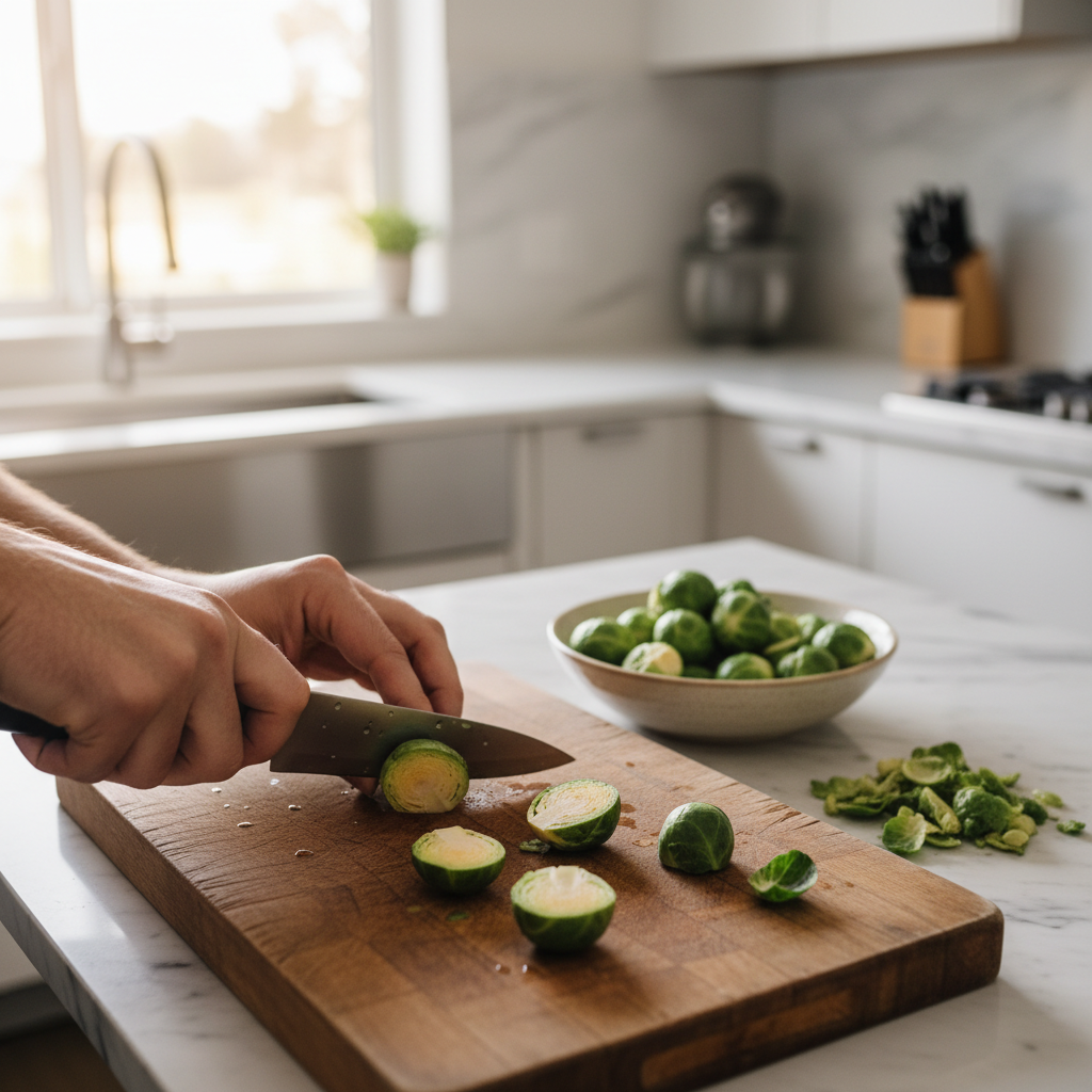 Hands trimming and halving Brussels sprouts on a cutting board for roasting