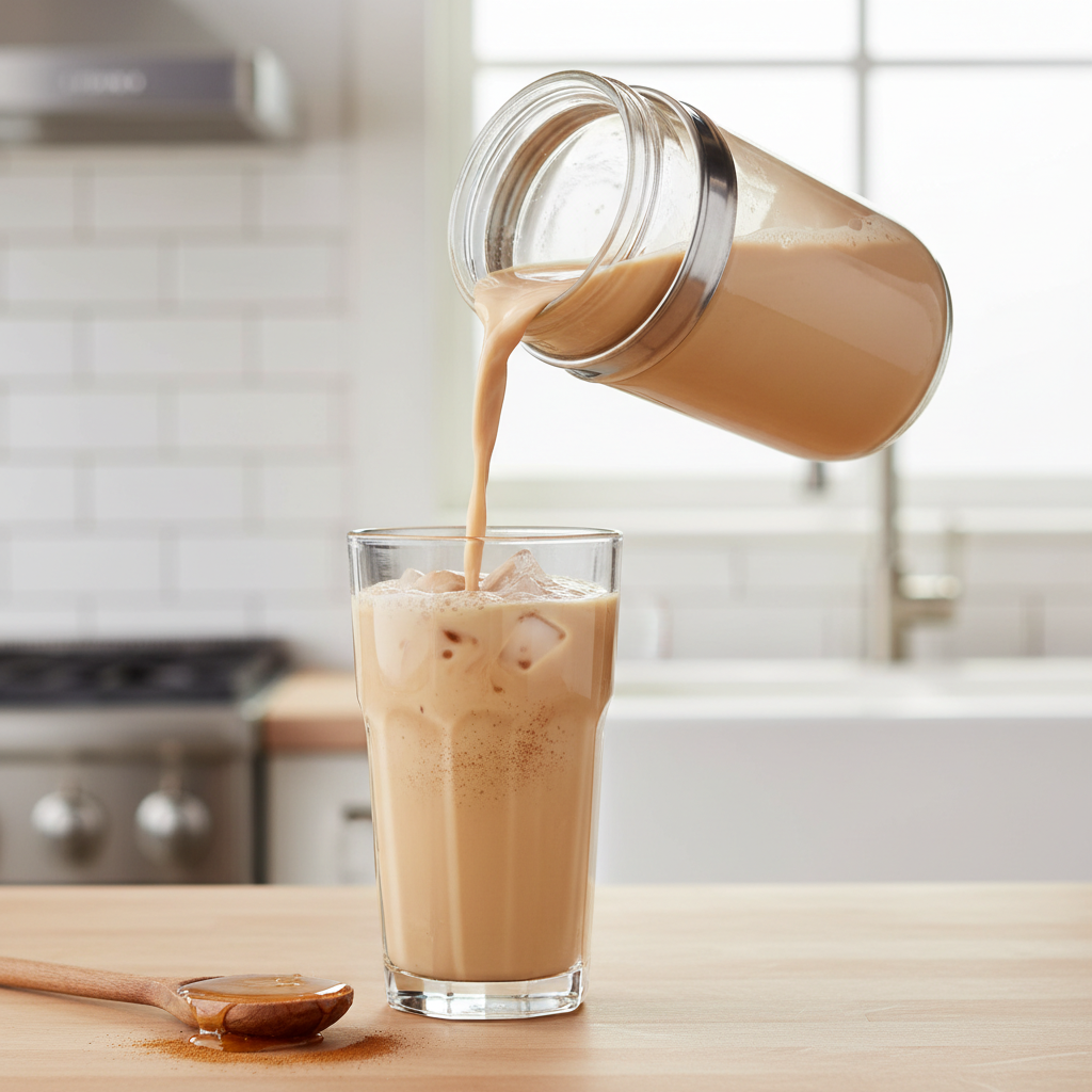 Shaken cinnamon honey milk drink being poured over ice