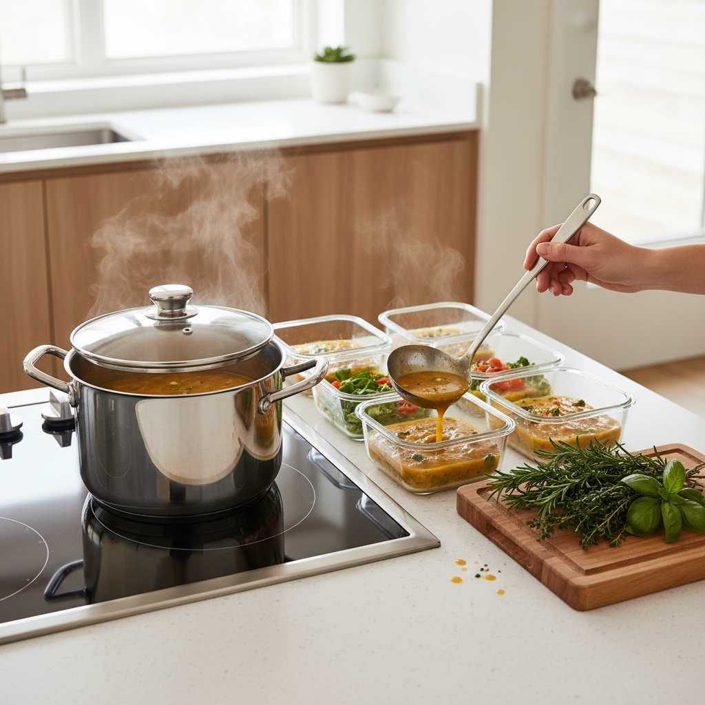 Batch cooking stovetop soup in a large pot with containers for meal prep