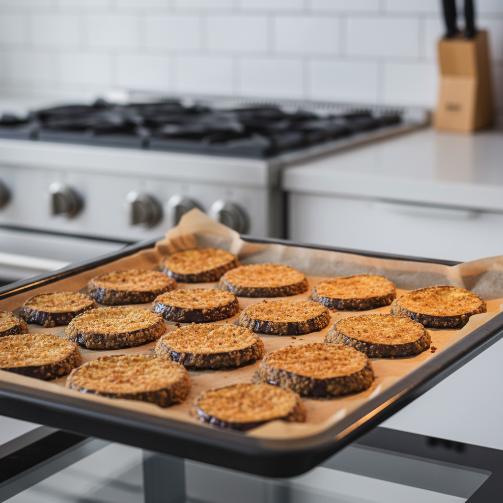 Breaded eggplant slices roasting on a sheet pan for baked eggplant parmesan