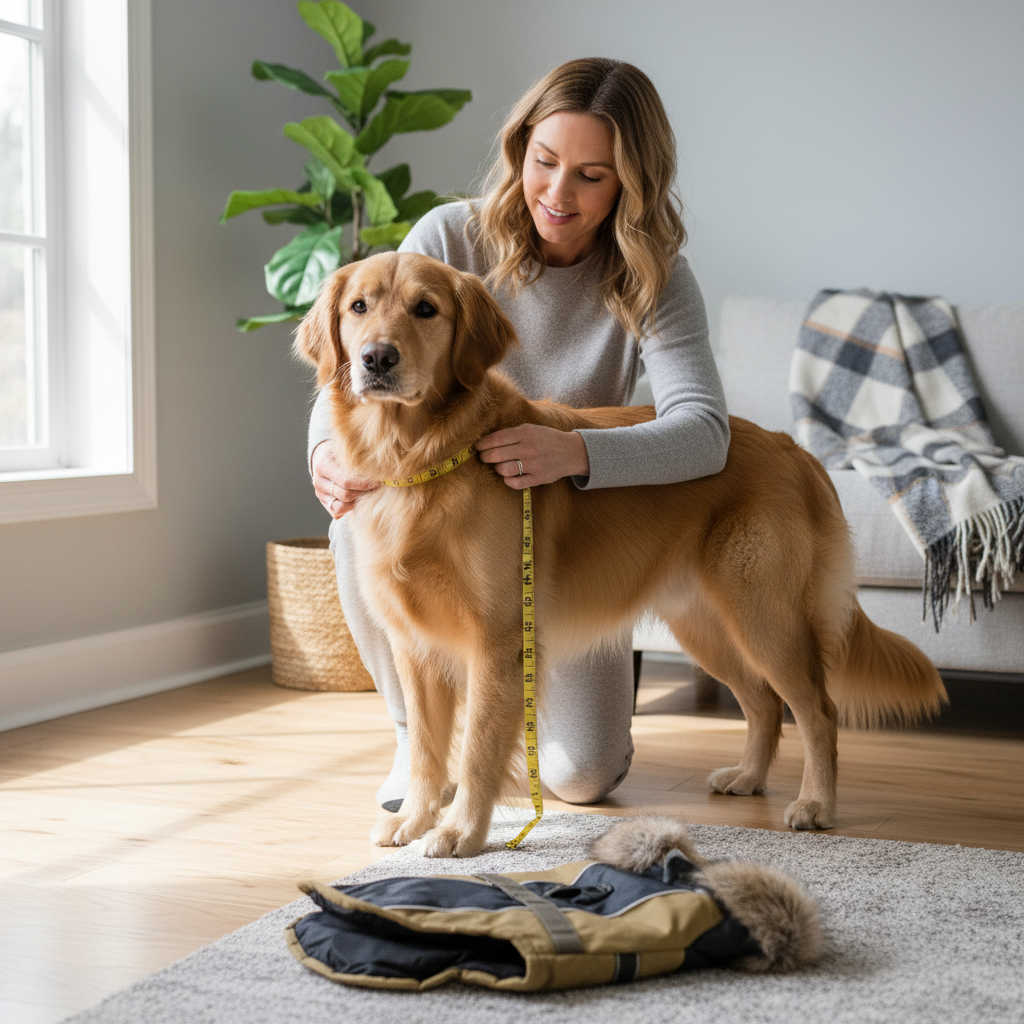 Owner measuring dog for winter coat fit at chest and back length