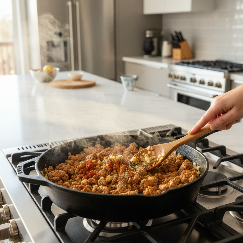 Cooking seasoned ground turkey for taco lettuce wraps in a skillet