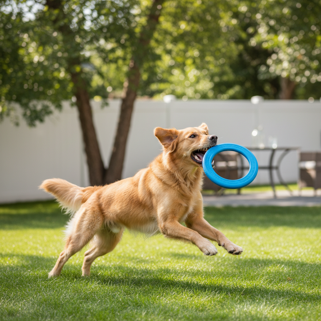 Dog catching a soft rubber frisbee safely outdoors