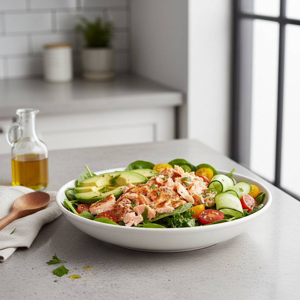 Whole30 lunch salad bowl with salmon, avocado, and vegetables in a modern kitchen setting