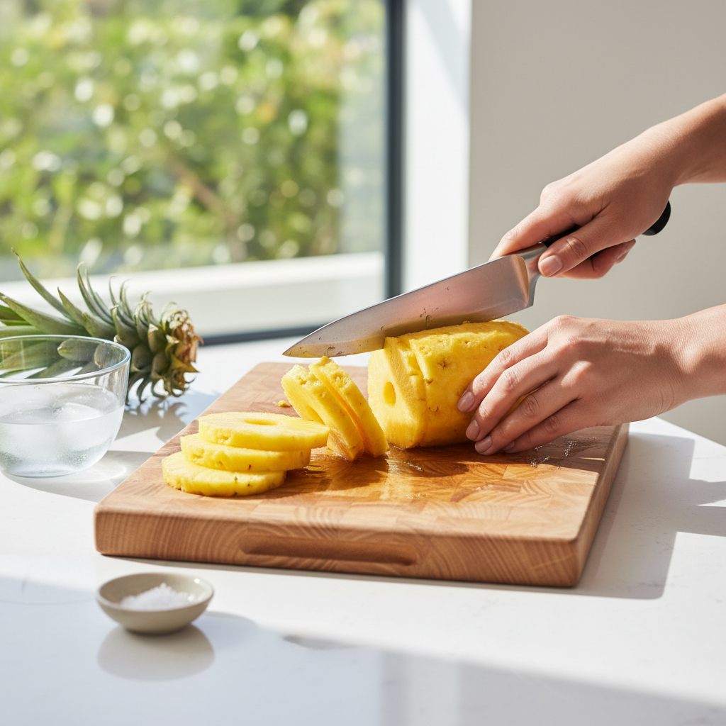 Hands cutting fresh pineapple into rings and spears on a cutting board
