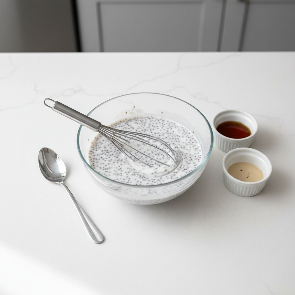 Step-by-step mixing chia pudding showing whisking and second stir to prevent clumps