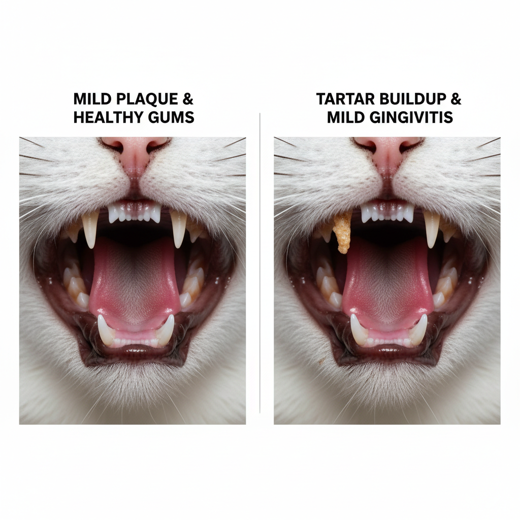 Close-up of cat teeth and gums showing early plaque vs tartar comparison