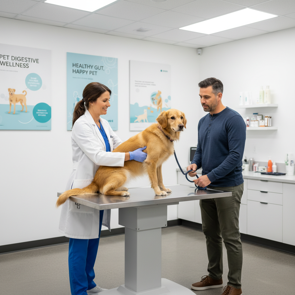 Vet clinic exam with dog showing digestive upset discussion
