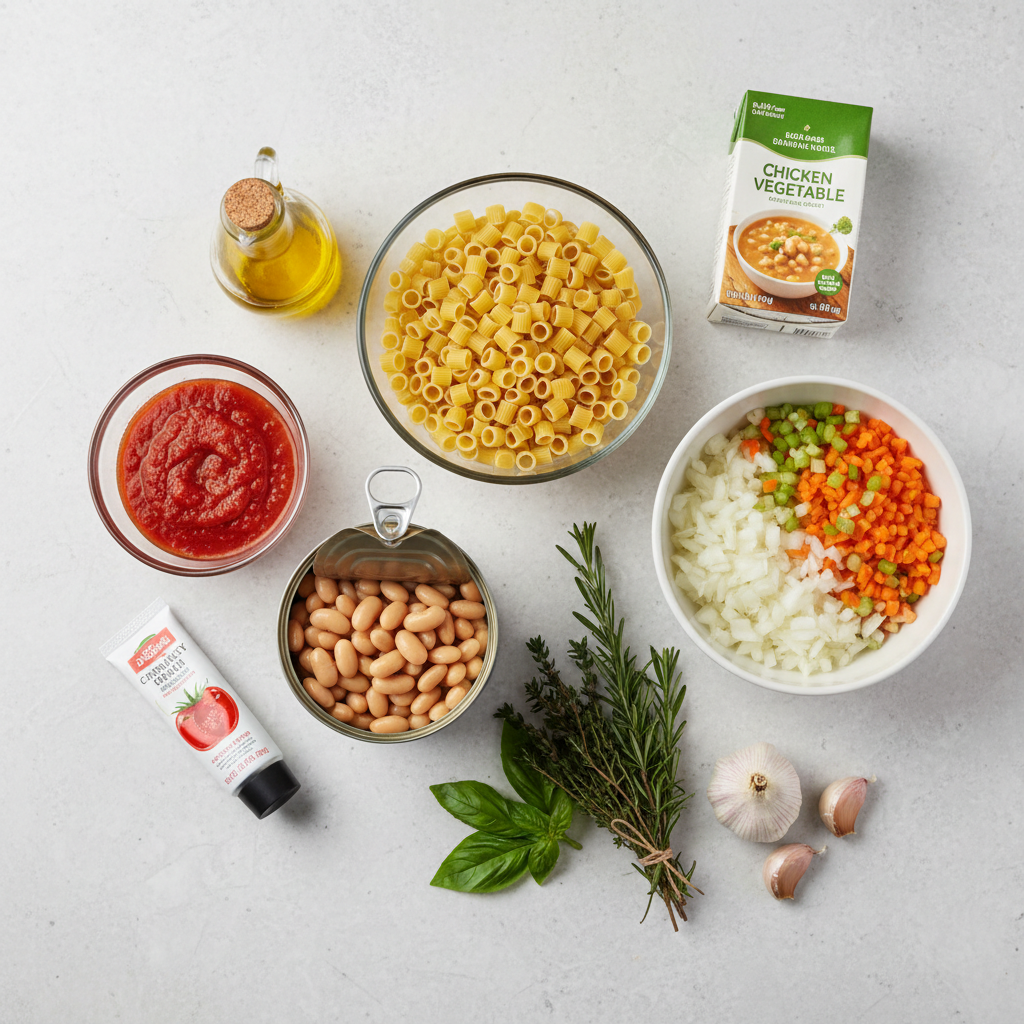 Pasta e fagioli soup ingredients laid out: beans, small pasta, tomatoes, onion, carrots, celery, broth