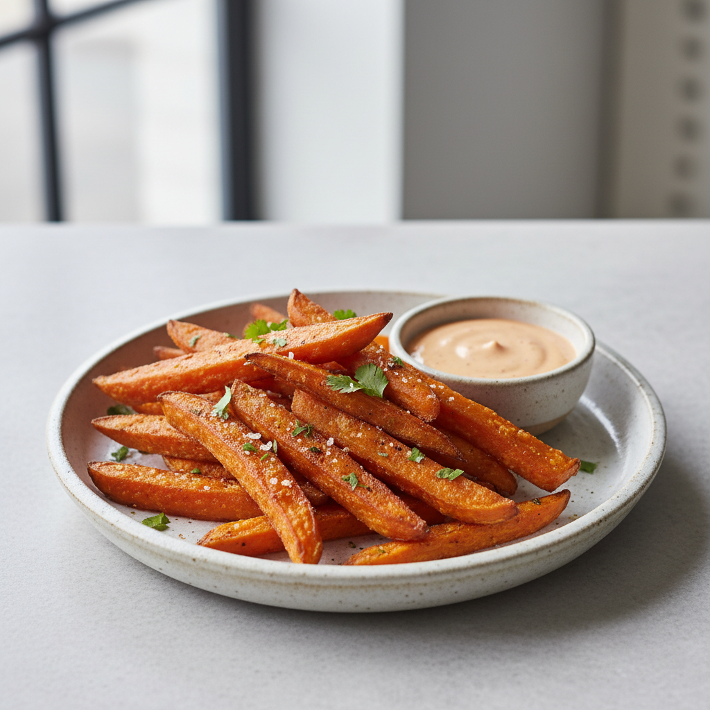Finished crispy baked sweet potato fries served with dipping sauce on a plate