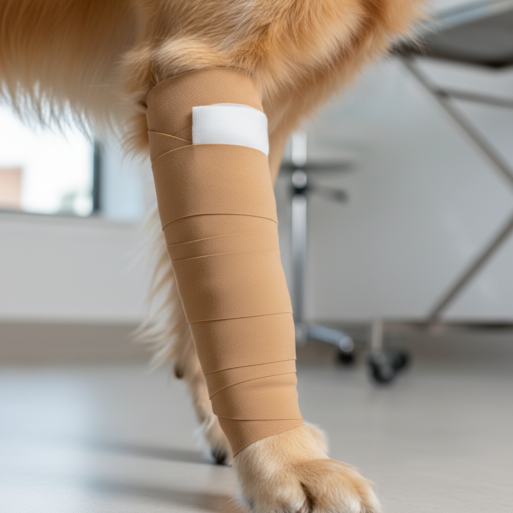 Close-up of cohesive self-adhering bandage wrap used on a dog leg to protect a gauze dressing