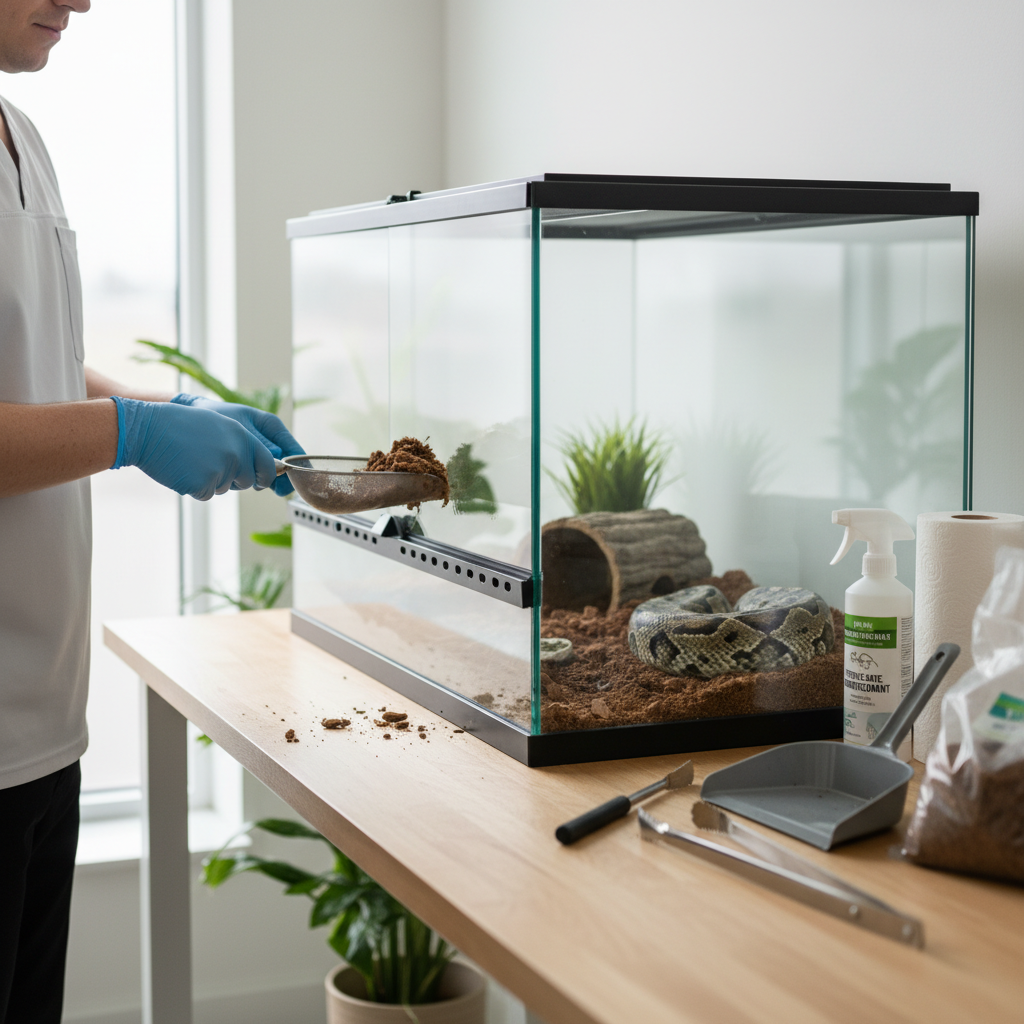 Spot cleaning snake bedding with gloves and removing damp substrate clumps