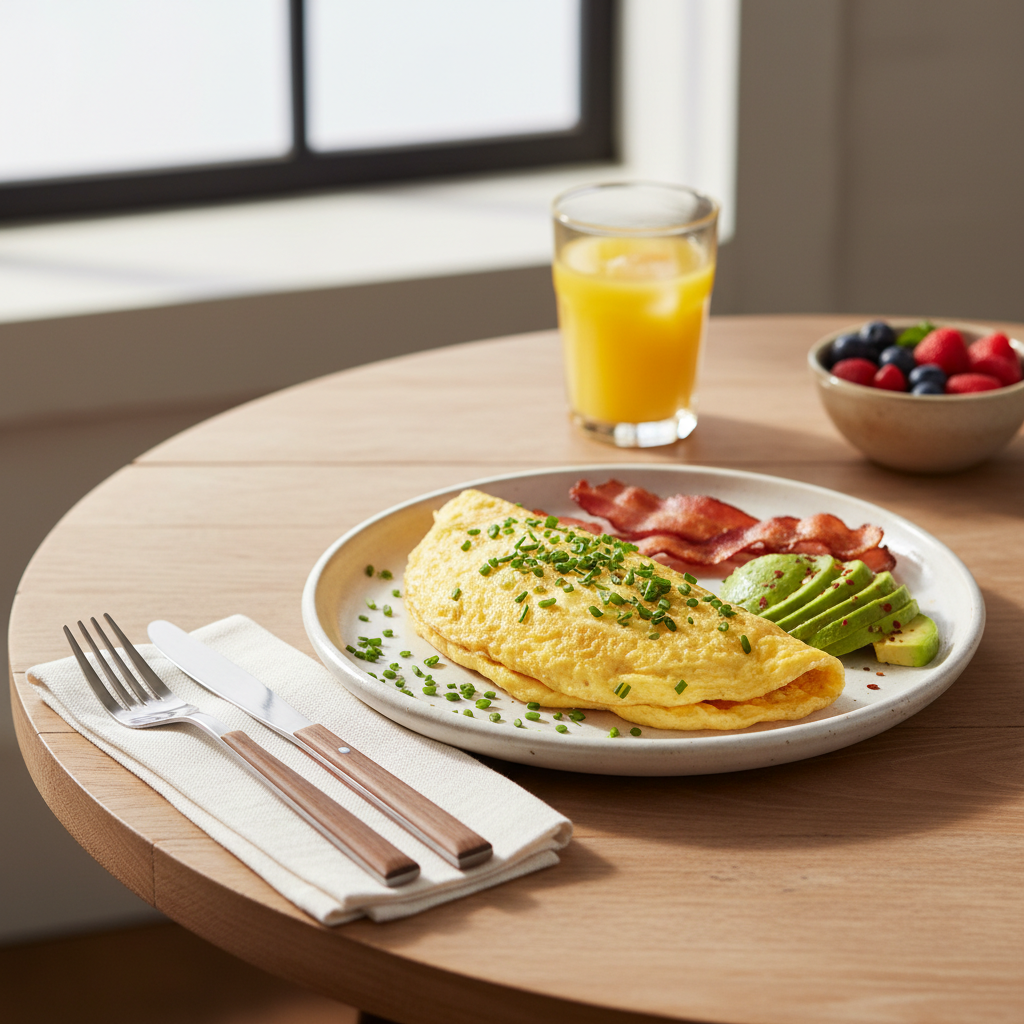 Finished fluffy omelette with herbs and simple sides on a breakfast plate