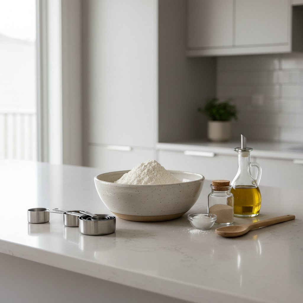 Homemade pizza dough ingredients on a kitchen counter