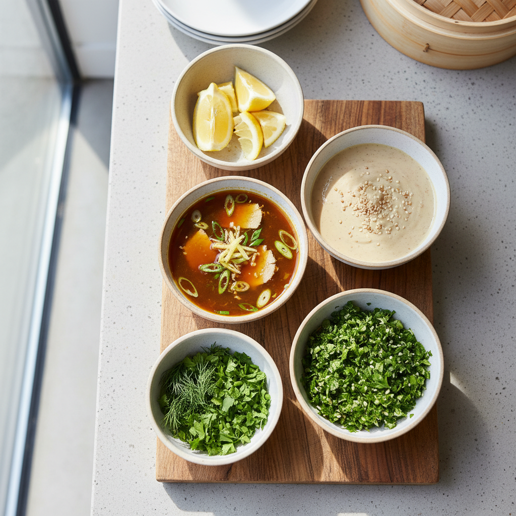 Small bowls of healthy sauces for steamed dishes