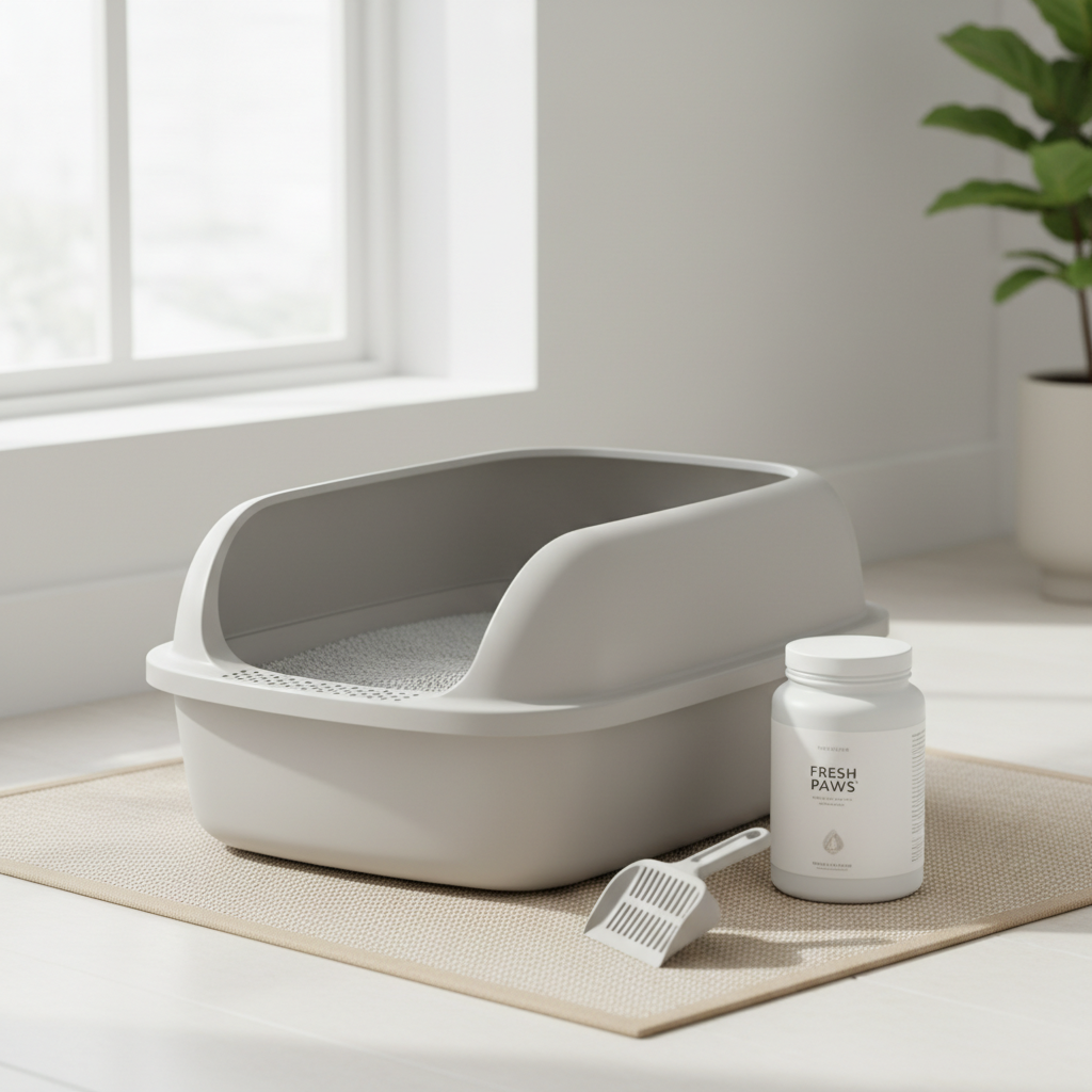 Cat litter box setup with deodorizing beads and scoop